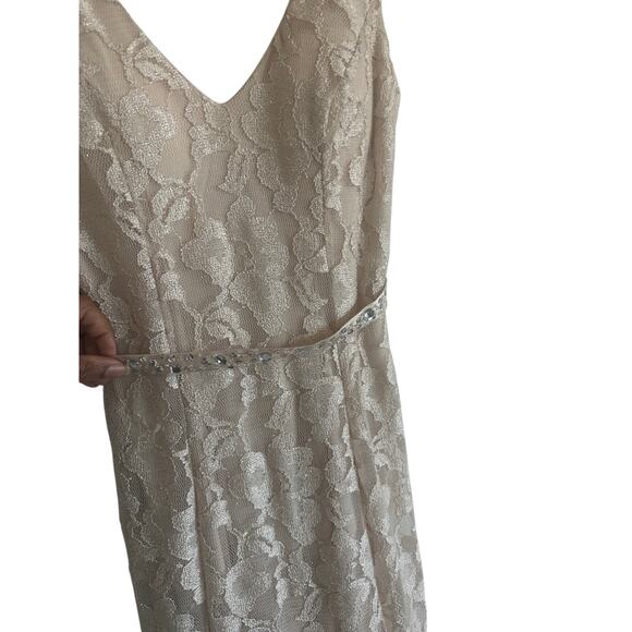 B. Darlin Women's Lace Maxi Evening Gown 3/4 Sleeveless V-Neck Beige Dress - Picture 4 of 15